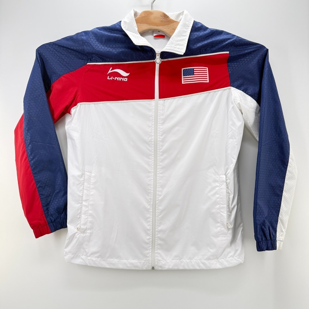 Li-Ning Windbreaker Jacket Men L USA Flag Full-Zip Polyester Red White Blue